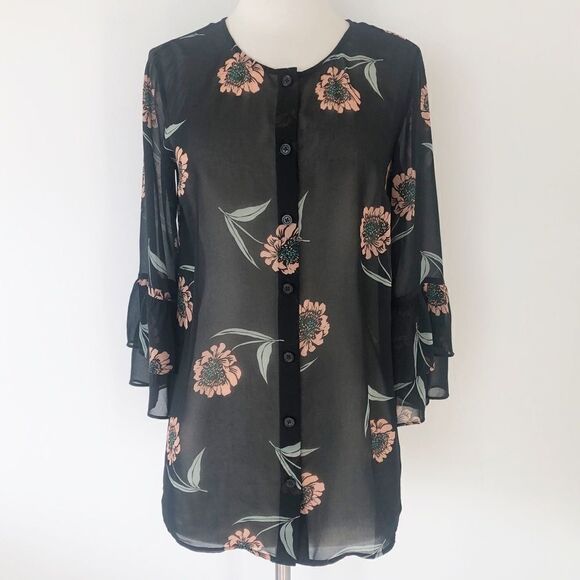 CAbi La Di Da Black Sunflower Floral Sheer Blouse Top Style 5206 Women Size XS - Picture 3 of 10